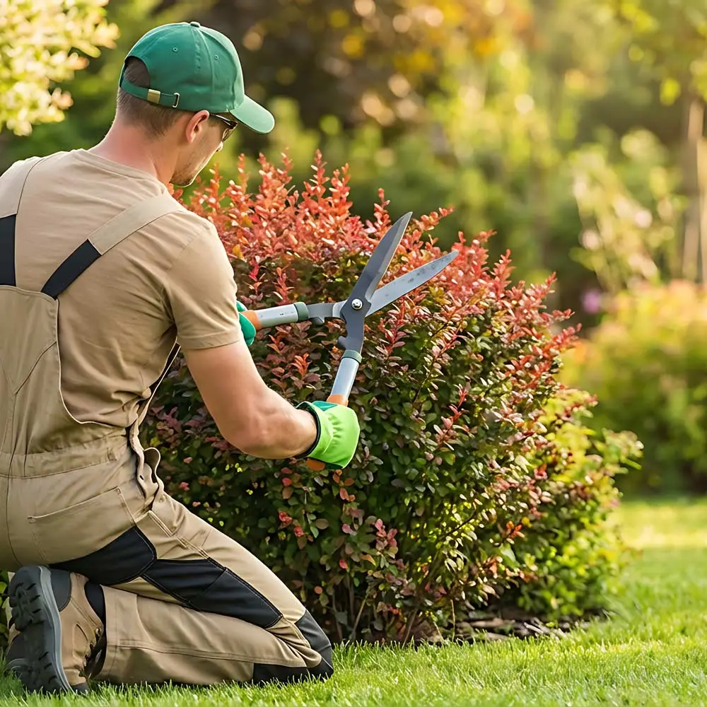 Ogrodnik przycinający nożycami krzew w ogrodzie.